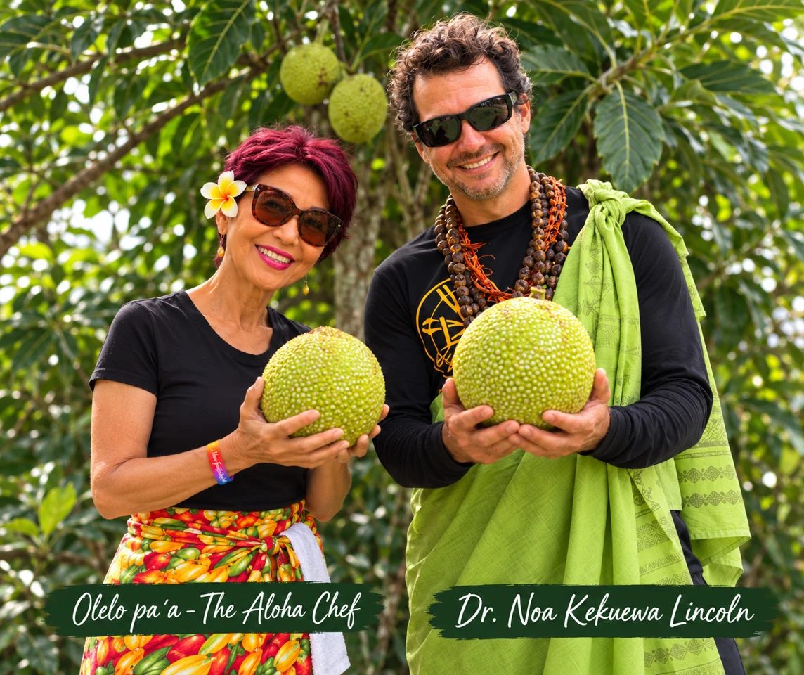 Olelo paʻa, The Aloha Chef, and Dr. Noa Kekuewa Lincoln each holding a large ʻulu (breadfruit) beneath a breadfruit tree